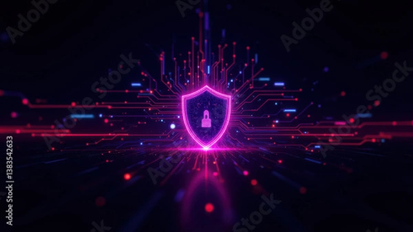 Fototapeta Cybersecurity shield with digital glitch effect and vibrant colors, suggesting protection against cyber threats.