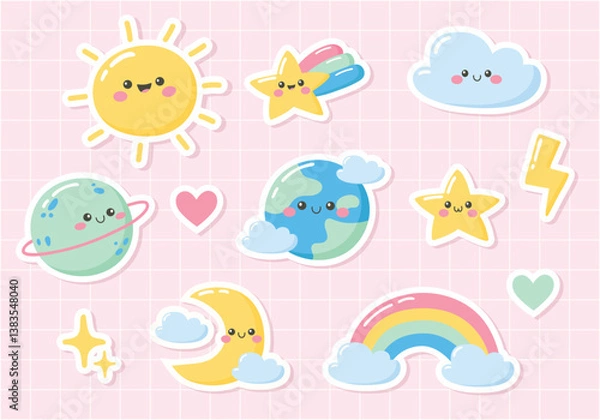 Fototapeta Cute Kawaii Sticker set on pink background. Hand drawn cartoon sun, rainbow, cloud, planets, stars, lightning, moon, hearts. Vector illustration