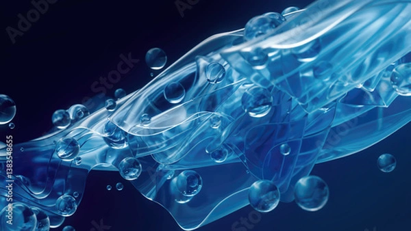Fototapeta Translucent abstract 3D cloth in deep blue tones with small bubbles on a dark background