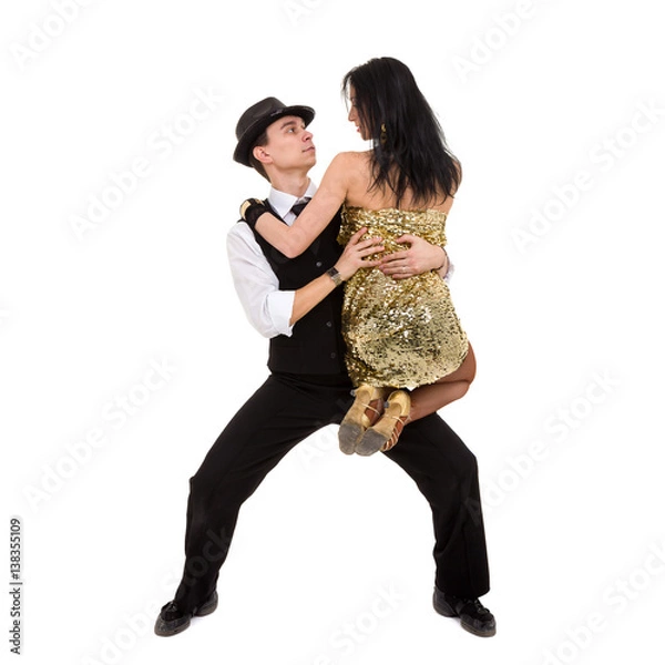 Fototapeta Cabaret dancer couple dancing. Isolated on white background in full length.