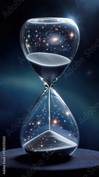 Fototapeta Conceptual image of a glass hourglass filled with stars and galaxies, symbolizing time, space, and the universe