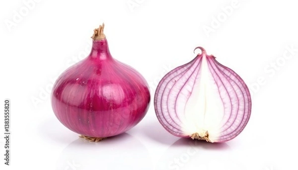 Fototapeta Single red onion, vibrant color, clean white background, healthy, purple