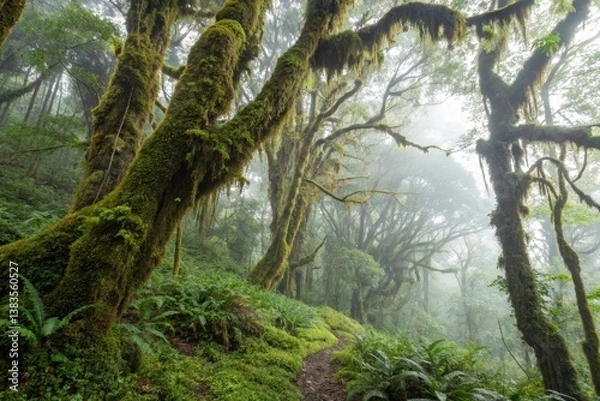 Fototapeta earth day Misty forest with lush greenery and towering trees enveloped in fog.