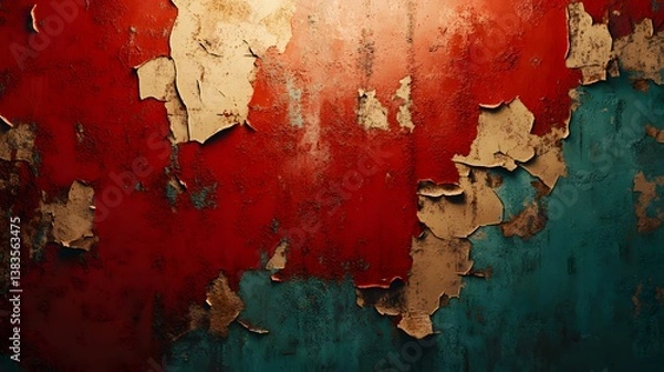Fototapeta A close-up shot of weathered, peeling paint on a wall, revealing layers of history, texture and vibrant colors, creating a raw, artistic look.