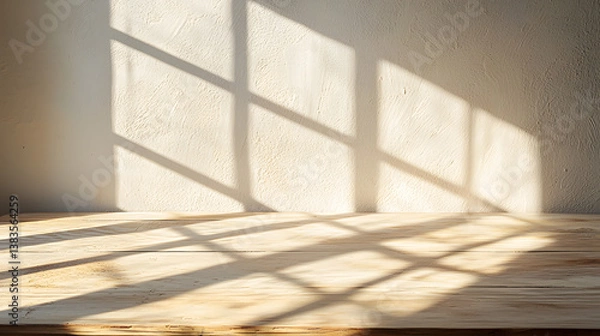 Fototapeta Morning sunlight casting shadows on wooden table indoor setting natural light artistic viewpoint