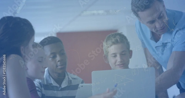 Fototapeta Image of mathematical equations over schoolchildren using laptop