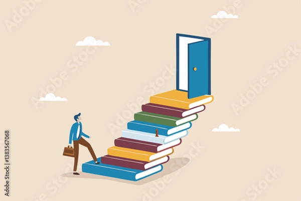 Fototapeta Education or learning for new opportunity, wisdom or knowledge to open door to success, solution, growth or career learning concept, businessman climb up book stack stair to reach opportunity door.