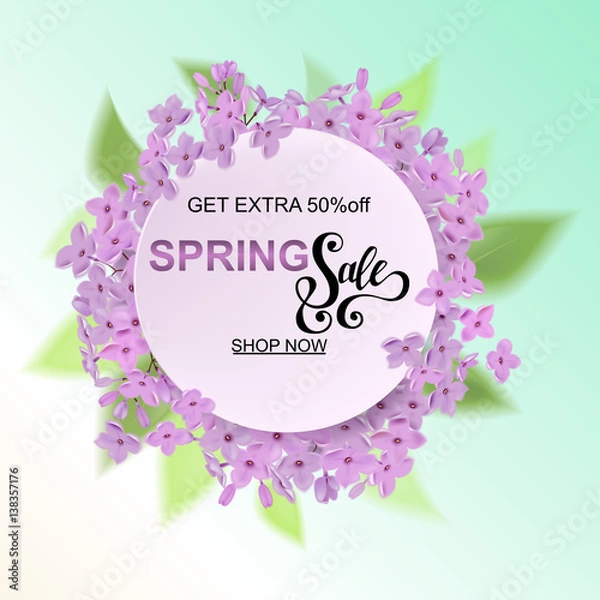Obraz Advertisement about the spring sale on defocused background with beautiful cherry blossom. Vector illustration.