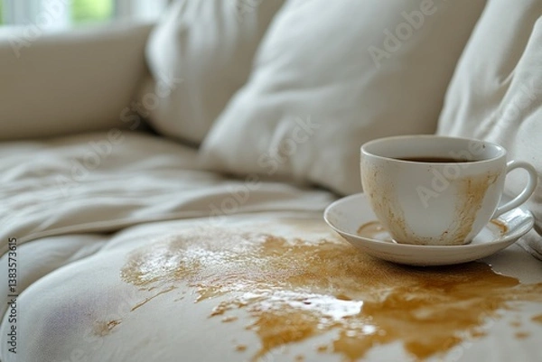 Obraz Coffee spilling from a cup onto a white sofa, creating a large stain