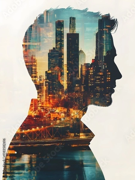 Fototapeta Man Silhouette with Cityscape Reflection at Dusk in Urban Setting