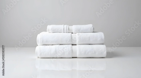 Fototapeta Stacked white towels on clean surface. Minimalist hotel bath linens. Soft, fluffy texture. Ideal for spa, bathroom, or product mockup.