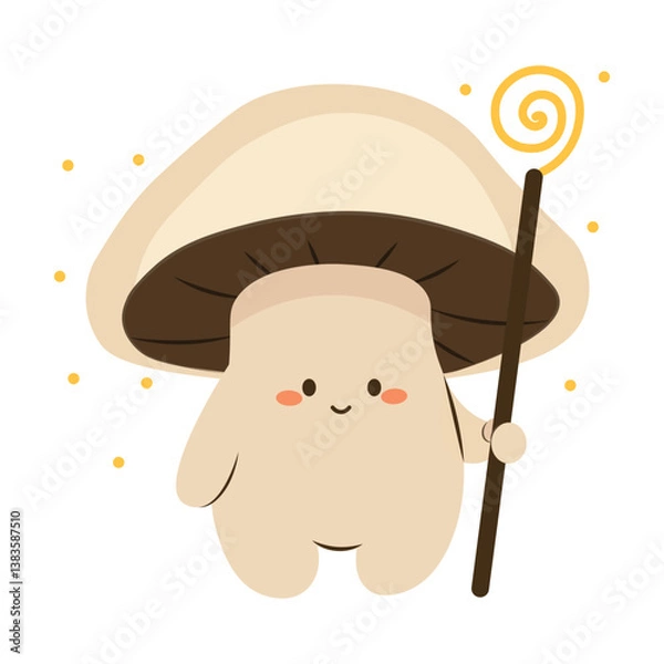 Obraz Flat style illustration of a cute champignon mushroom holding a magic staff, perfect for fantasy design, childrens books, nature-themed projects, and whimsical storytelling.