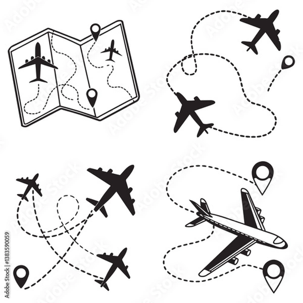 Fototapeta Airplane routes vector set. Line path vector icons of air plane flight routes with start point and dash line trace. Aircraft clip art icons with way path tracks. Airplanes minimal vector illustration
