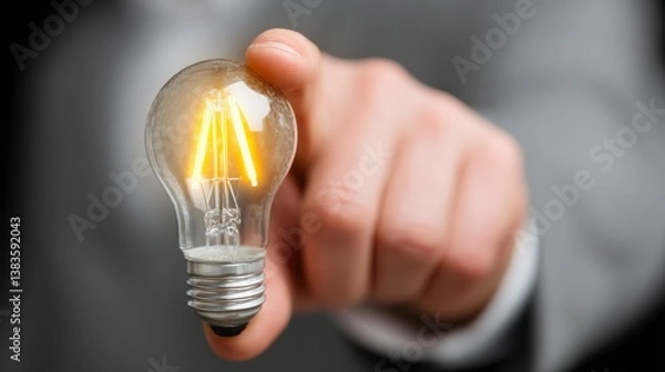 Fototapeta Close up of a hand holding and pointing at a glowing lightbulb, suggesting new ideas or innovation.
