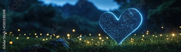 Obraz A glowing heart in a serene, enchanted forest at night.