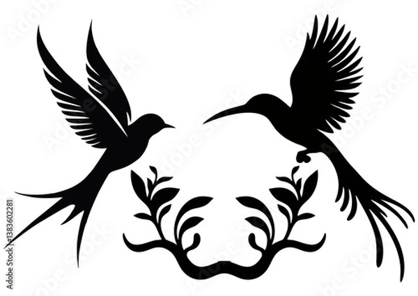 Fototapeta Symmetrical Flying Birds with Decorative Leaves Vector Design