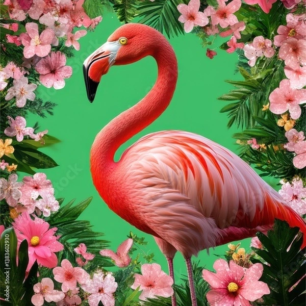 Fototapeta A vibrant flamingo surrounded by colorful tropical flowers and lush greenery.
