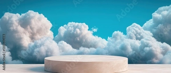 Fototapeta Minimalist platform on a cloudy blue sky background for displays.