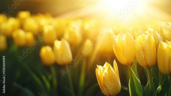 Fototapeta Sunlight illuminating a field of vibrant yellow tulips in bloom.