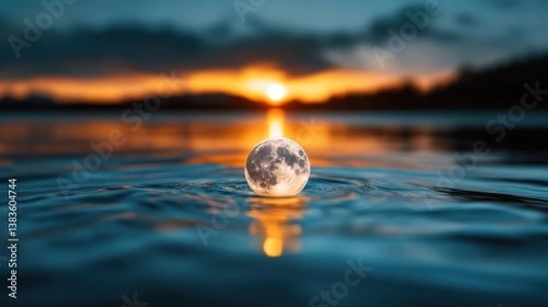 Obraz A small moon appears to float on the surface of water during a stunning sunset, creating a surreal effect that evokes feelings of wonder, poetry, and the beauty of nature.