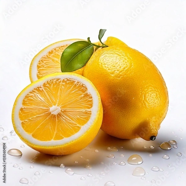 Fototapeta Enjoying the refreshing tang of local lemons! White background, and slices of lemons