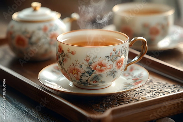 Fototapeta Steaming Tea Moment: An inviting close-up captures a cup of freshly brewed tea, emitting gentle steam, set beside a matching teapot and cup, the whole ensemble resting on a wooden tray.