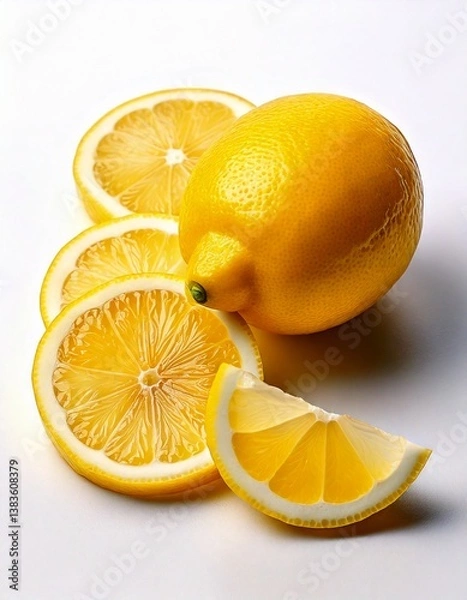 Fototapeta Enjoying the refreshing tang of local lemons! White background, and slices of lemons