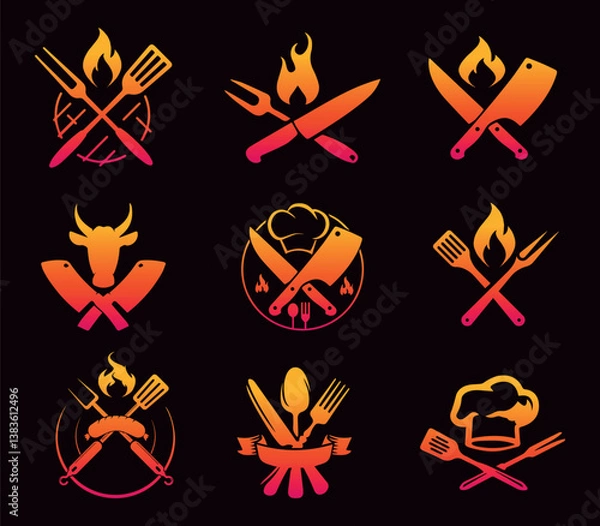 Fototapeta Cooking-Themed Icons with Knives and Flames. A set of stylish cooking-related icons featuring crossed knives, flames, and culinary symbols in a fiery color scheme.