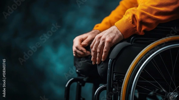 Fototapeta This intimate image captures hands on a wheelchair, representing the challenge against stereotypes and the perception of disability, conveying strong emotions and narratives of human experience.