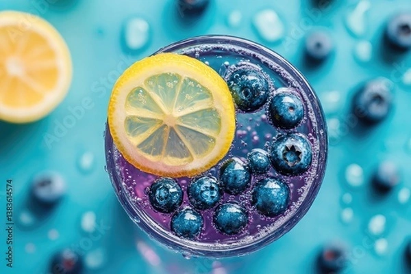 Obraz A top view of a glass with blueberries lemon slice and bubbles on a blue background with blueberries