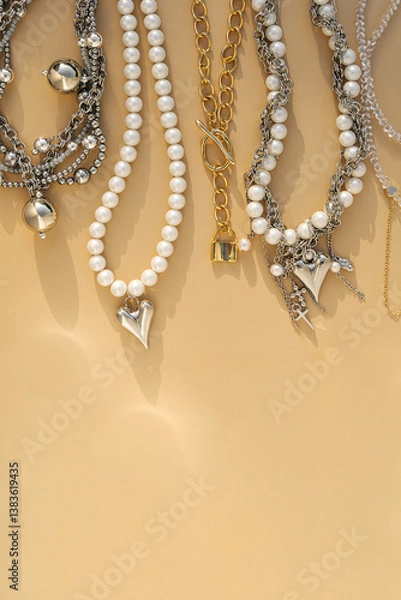 Fototapeta Elegant pearl and silver charm necklaces on beige background.  .Fashionable layered silver necklaces with pendants and with silver heart pendant