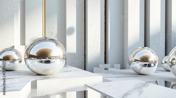 Fototapeta Silver metallic spheres placed on marble platforms against a white architectural backdrop. Ideal for product mockups, modern interior visuals, or luxury branding.
