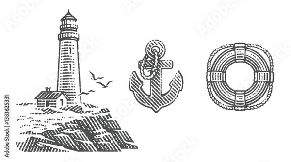 Fototapeta Lighthouse on the rocks, Anchor and Ring buoy. Hand drawn engraving style vector illustration.