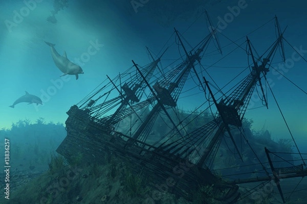 Obraz Wrak statku pod morzem - renderowanie 3d