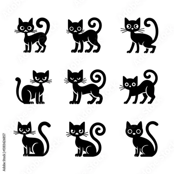 Fototapeta Cat Silhouette Vector Bundle | Black and White Cat Clipart | EPS Illustration Set