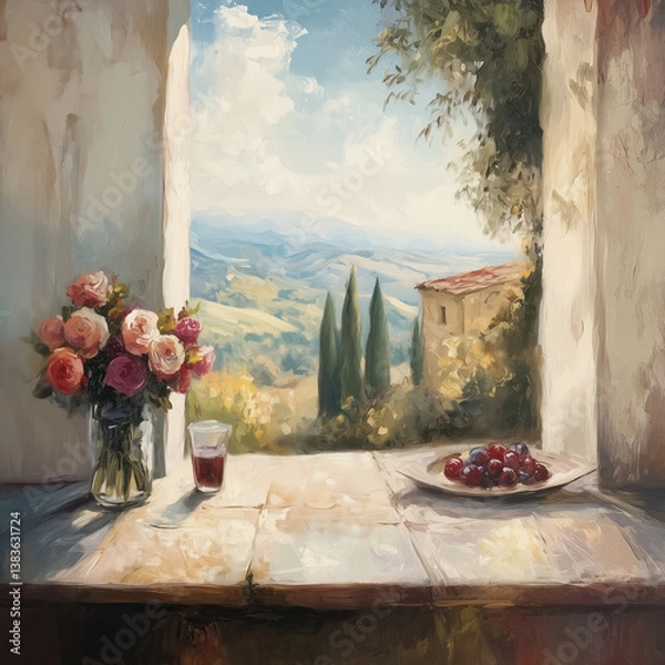 Obraz Painting of a window view of the Tuscany.
