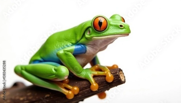 Fototapeta Green tree frog perched on white, vibrant skin detail, macro photography, animal, fauna