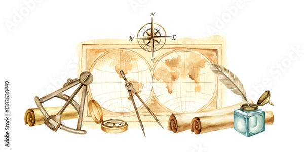 Fototapeta watercolor textured vintage card of earth and wind rose, scrolled aged paper, feather quill and glass inkwell, compass, marine tools, hand drawn illustration of parchments with navigation tools