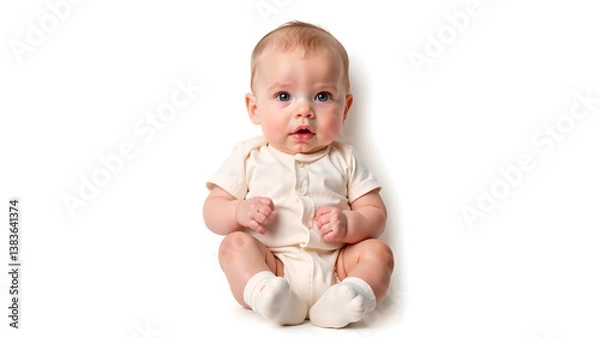 Obraz A serious, stern full-body baby portrait on a white background. The baby is swathed in a pure alabaster onesie, which provides a striking contrast to its rosy cheeks, 