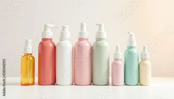 Obraz Set of assorted skincare bottles on white backdrop, bottles, minimal, simple