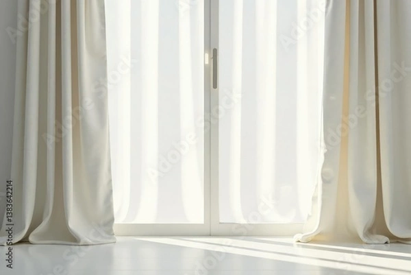 Fototapeta Simple, flowing linen curtains, soft ivory white, simple, airy