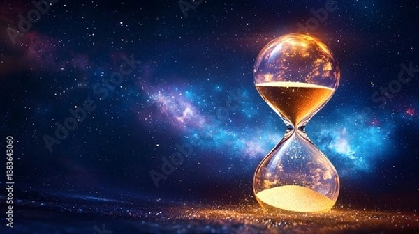 Fototapeta Eternal Sands: A mesmerizing hourglass, its transparent form filled with flowing sands, levitates against a vivid backdrop of a galaxy, symbolizing the ceaseless passage of time.