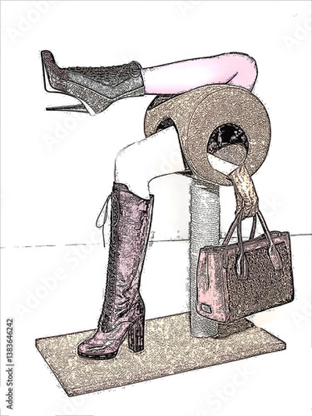 Fototapeta A stylized image features a mannequin adorned with high-heeled footwear and accessories. The display includes a knee-high lace-up boot and an ankle boot, both with stiletto heels. A wide-brimmed hat r