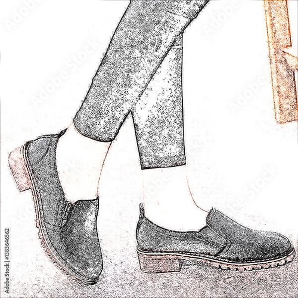 Fototapeta A sketch-style image depicting a pair of black slip-on shoes worn by a person with crossed legs. The shoes have a rounded toe and a low block heel, suggesting a casual yet sturdy design.