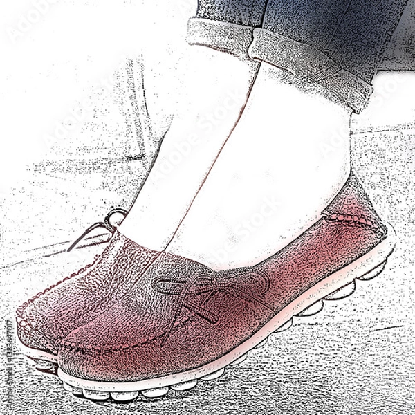 Obraz Loafers with textured leather are showcased on a pair of feet. The shoes are a rich reddish-brown, featuring decorative laces and a stitched design along the edges.