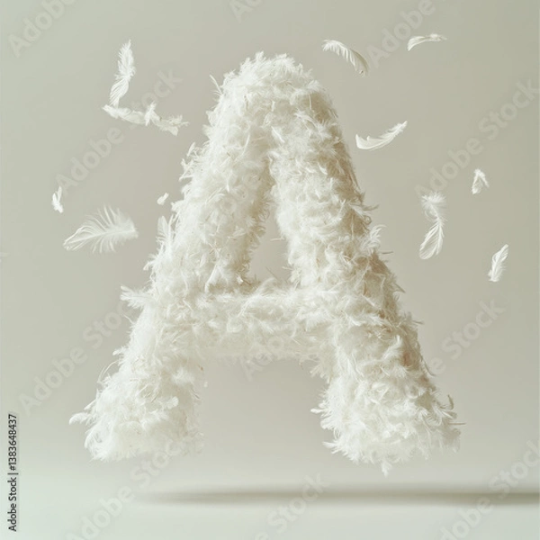 Fototapeta A soft, three-dimensional letter "A" constructed from white feathers. The letter appears to float slightly above a neutral background, with several individual feathers scattered around it