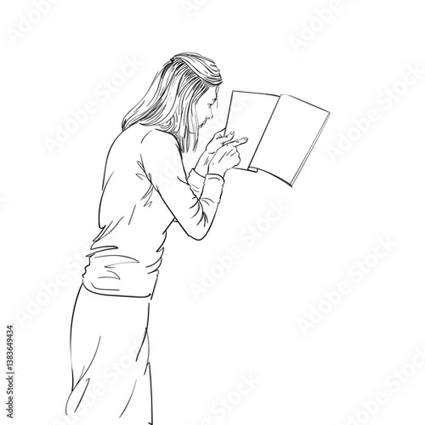 Fototapeta Hand-drawn sketch of a woman reading a notebook. Black and white vector illustration with clean line art, isolated on a white background. Perfect for education, learning, and research concepts