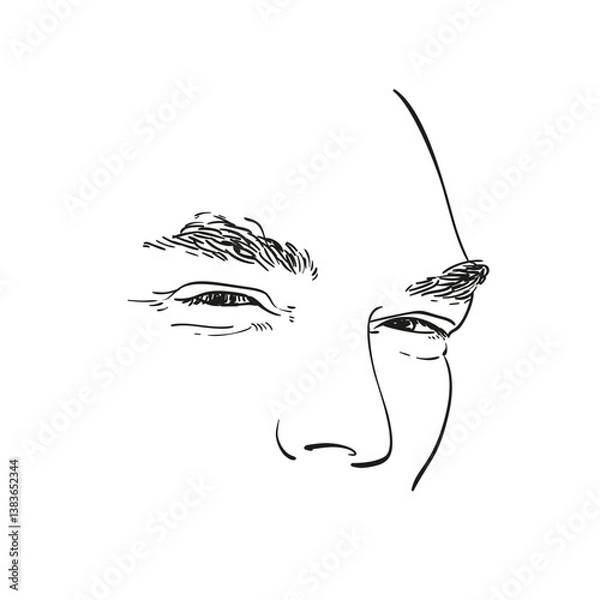 Fototapeta Hand-drawn vector illustration of a man's partially visible face with narrowed eyes, created with minimalistic black lines. Isolated on a white background. For expression, mystery, intrigue concepts