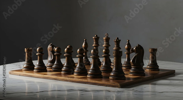 Fototapeta Elegantly Arranged Antique Chess Set on Marble Topped Table