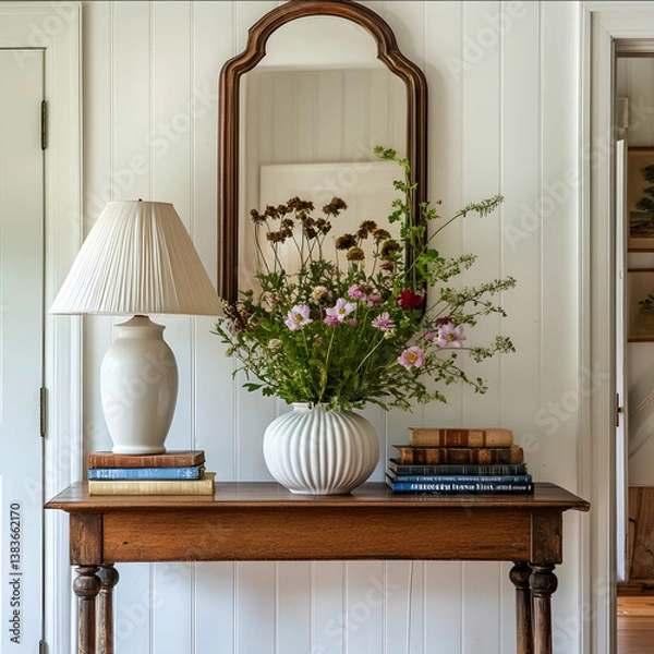 Obraz interior design lauren liess style architecture lakeside new england architecture hallway vignette white paneled walls dark wood antique console table with oversized